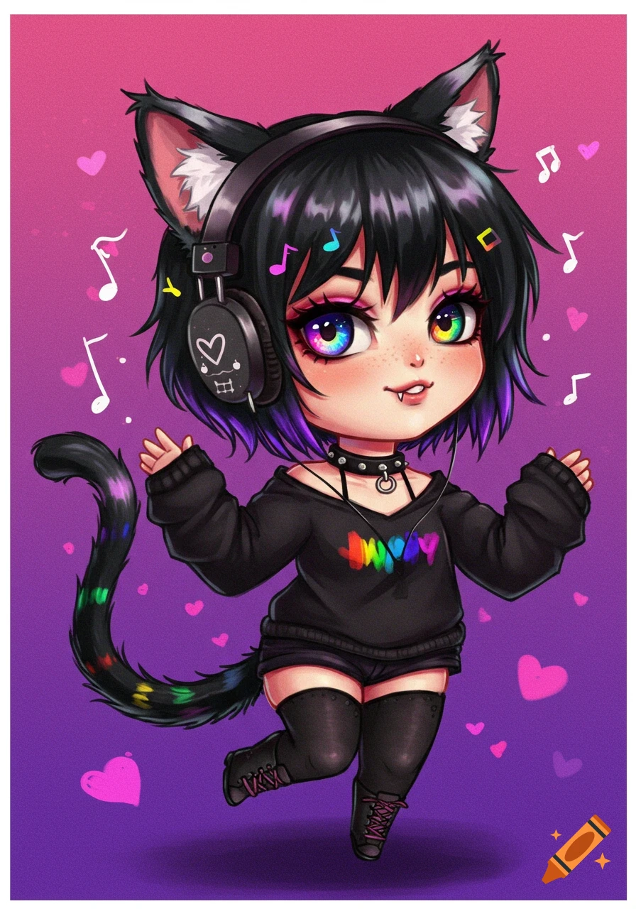 Chibi anime cat girl with black hair, rainbow eyes, and headphones, dancing among music notes and hearts.