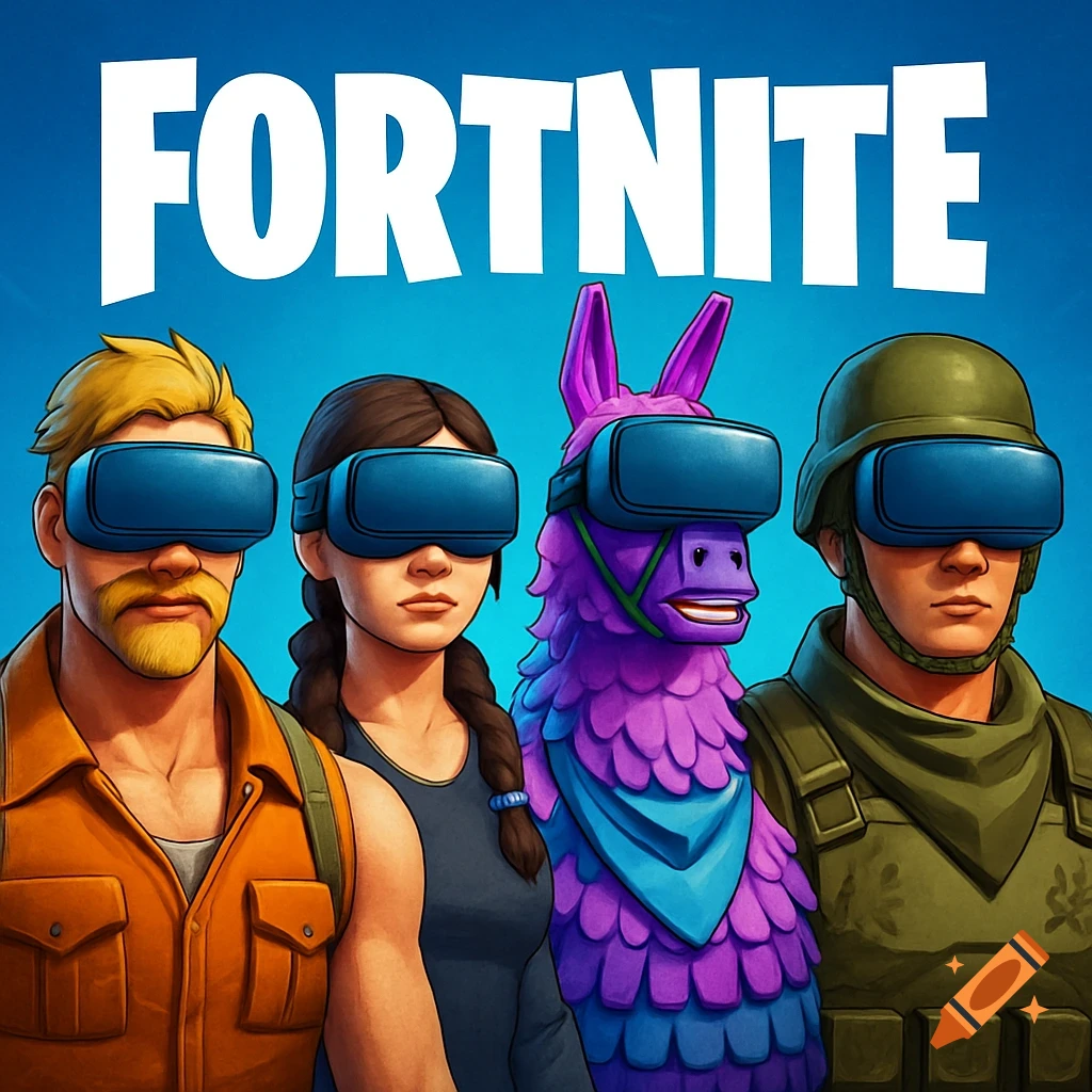 Fortnite characters and a llama wearing VR headsets with the Fortnite logo above