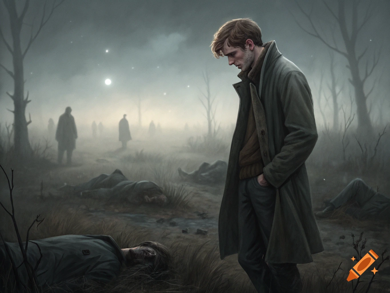 A man stands in a foggy, dark field among dead bodies, looking down.