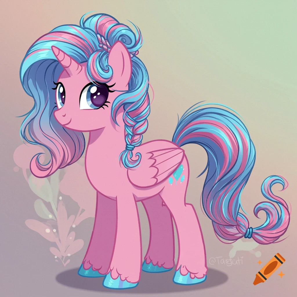 A cartoon pink unicorn with a diamond cutie mark and blue and pink striped hair.