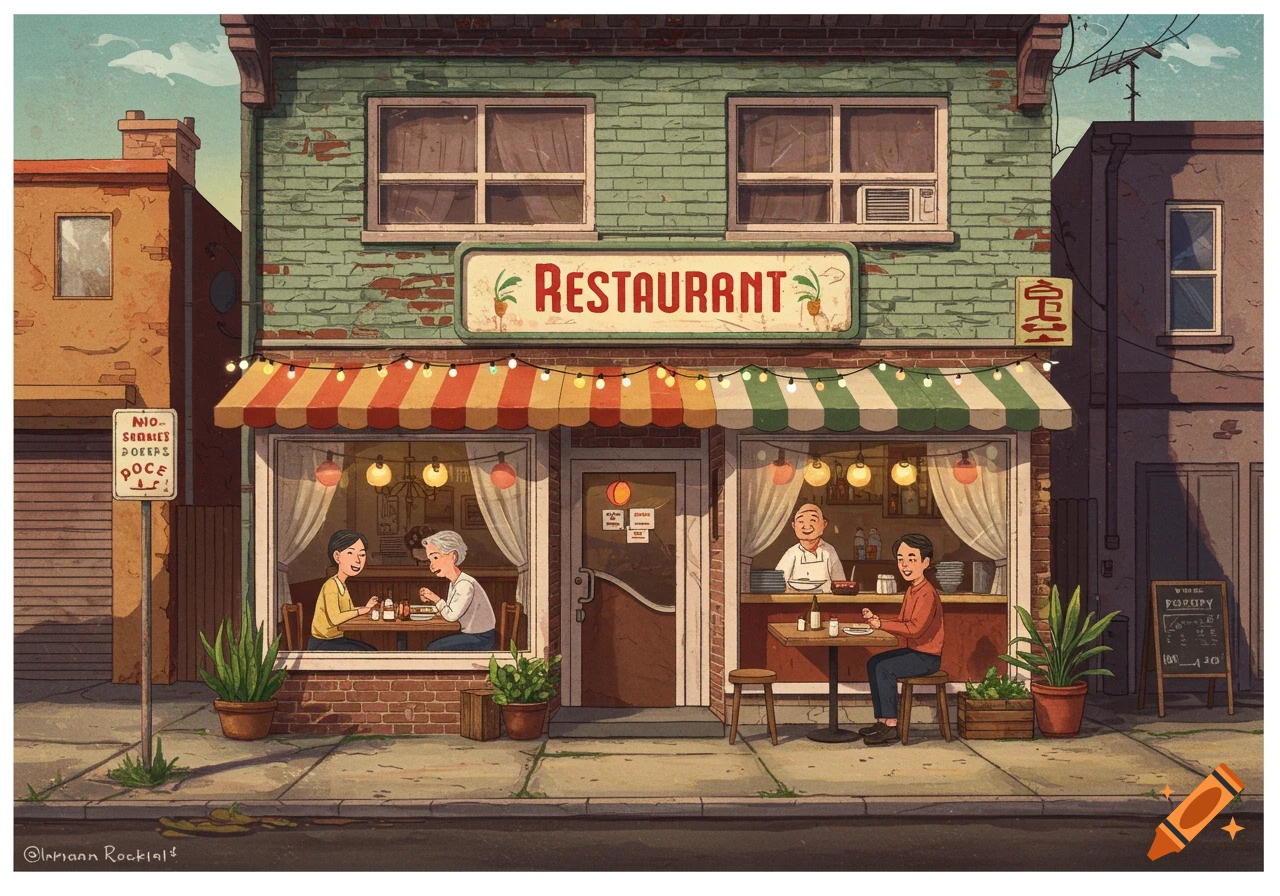 A stylized illustration of a small town restaurant facade with people inside and sitting outside.
