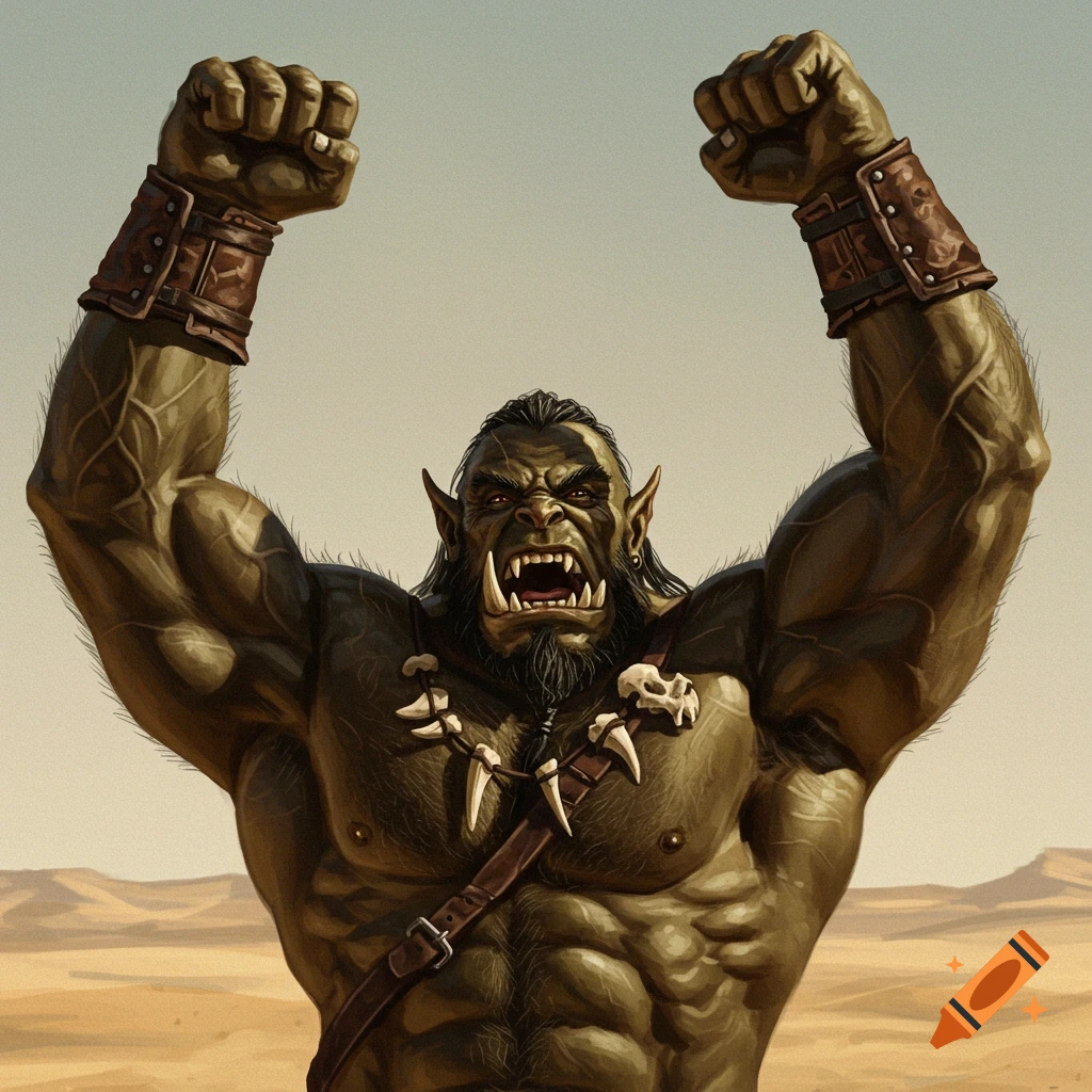 A muscular green-skinned orc raises its fists in triumph in a desert landscape, detailed fantasy illustration.