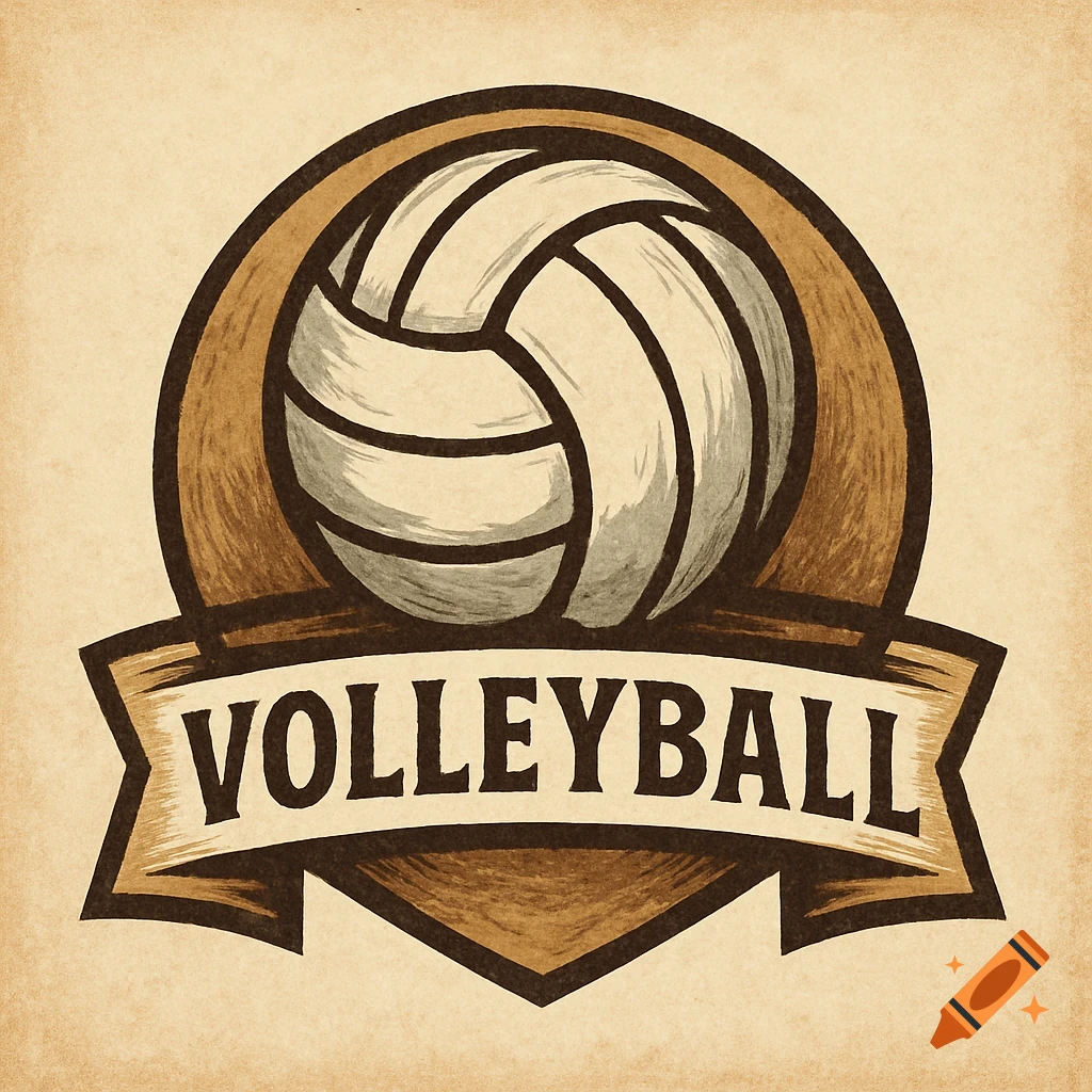 A vintage style logo featuring a volleyball above a banner with the word "VOLLEYBALL".