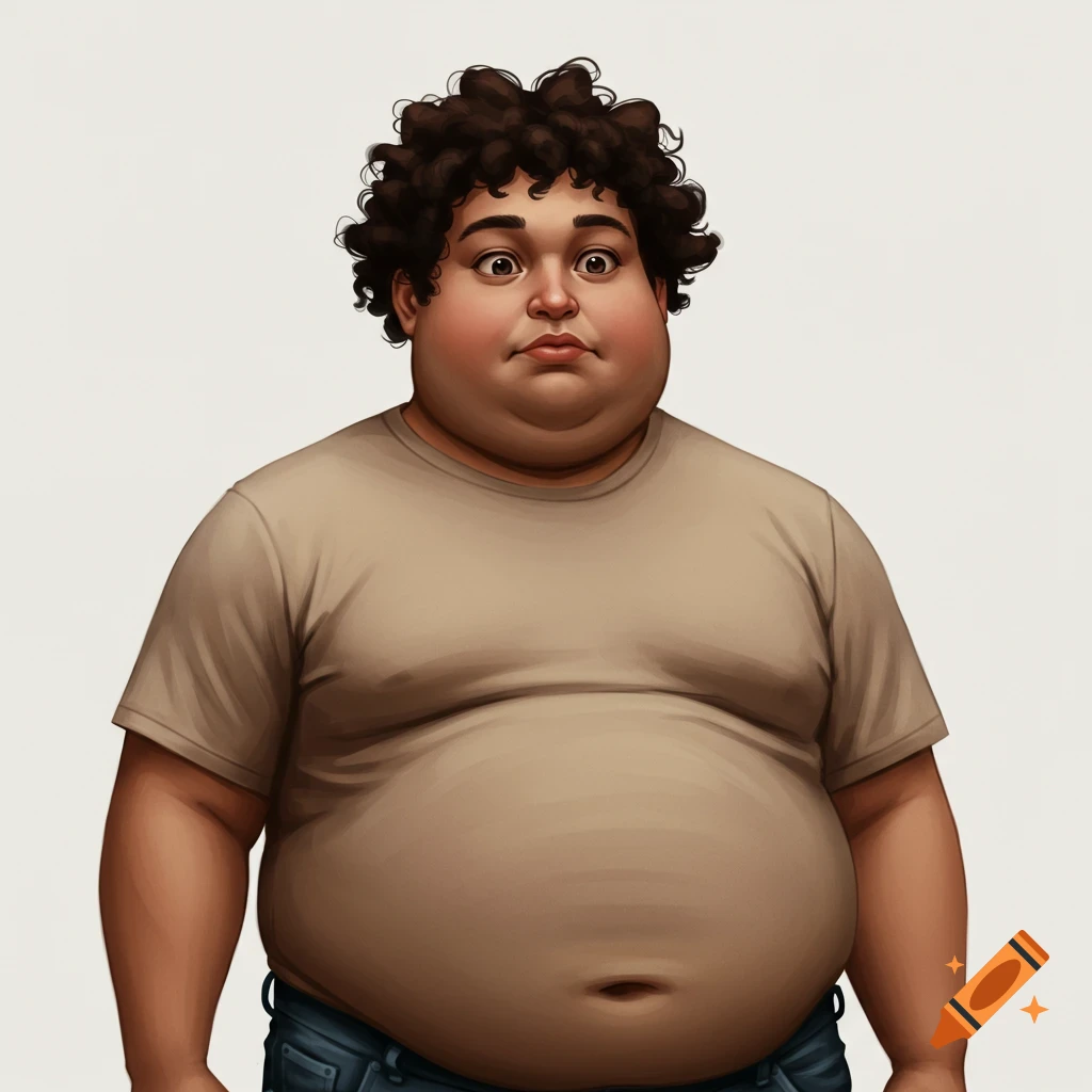 Illustration of an obese man with curly hair, wearing a t-shirt and jeans, looking surprised.