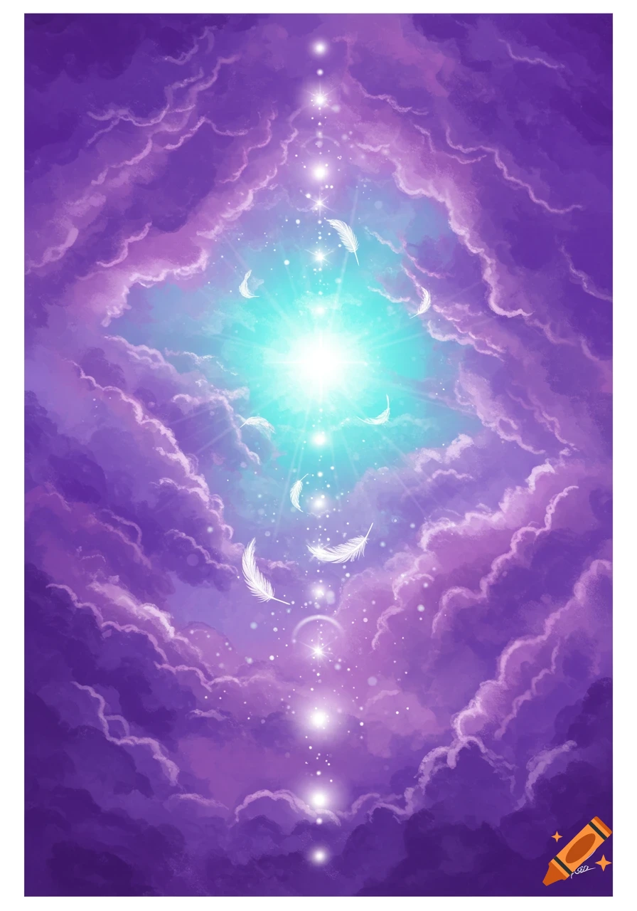 Bright light shines through purple clouds as feathers fall.