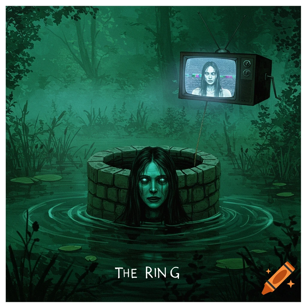 Illustration of a ghostly woman emerging from a well in a forest, her face also on a TV screen, referencing the movie The Ring.