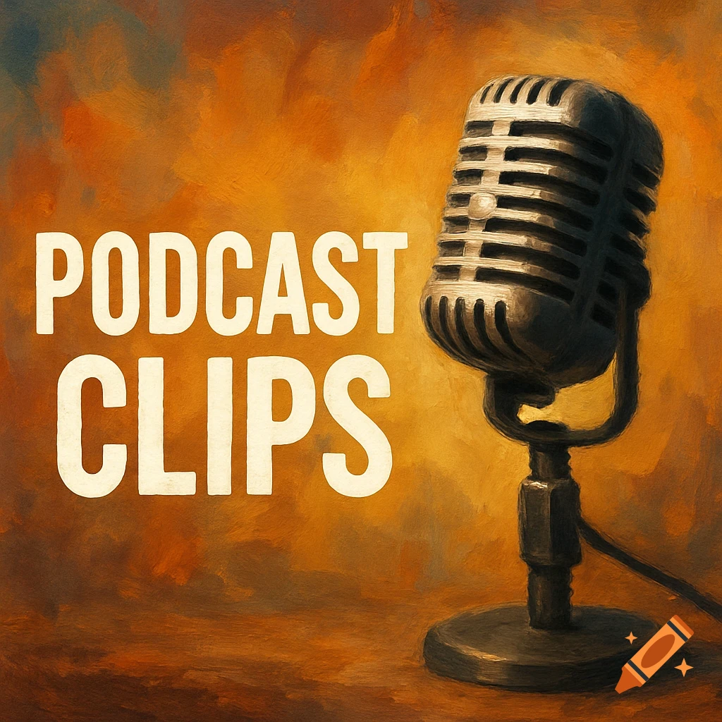 Painting of a vintage microphone next to the text 'PODCAST CLIPS'