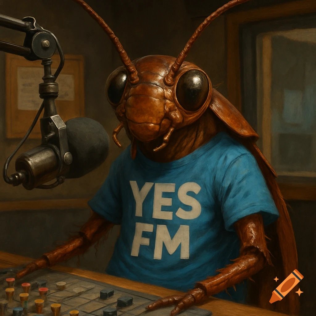 A realistic illustration of a cockroach wearing a blue YES FM t-shirt at a radio station mixing board with a microphone.