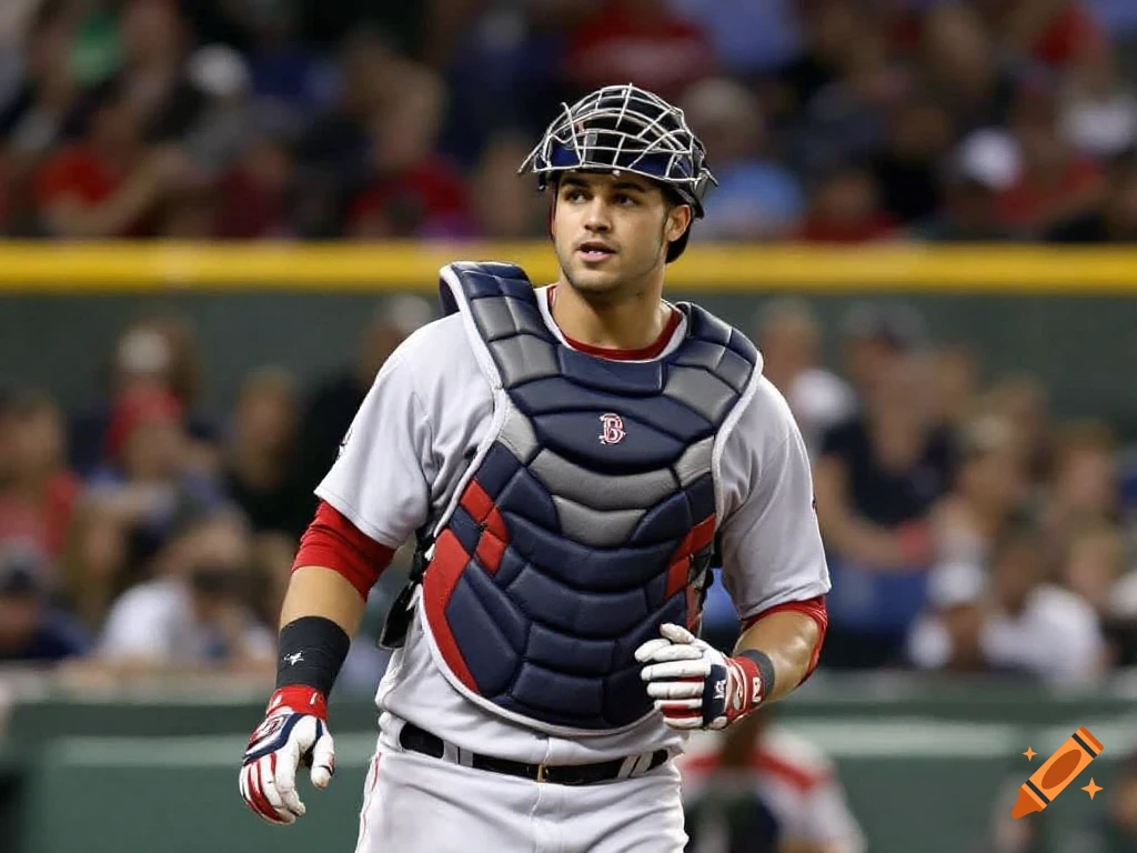 Baseball catcher in Red Sox gear wearing a mask and chest protector during a game.