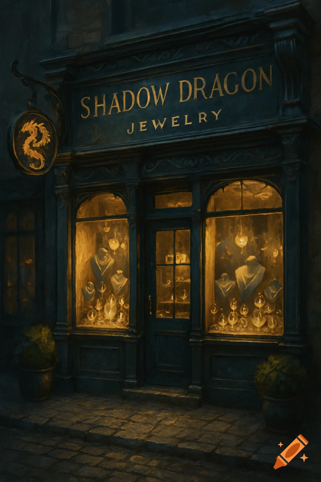 Painted storefront of a Shadow Dragon Jewelry store at night, lit windows display necklaces and jewels.