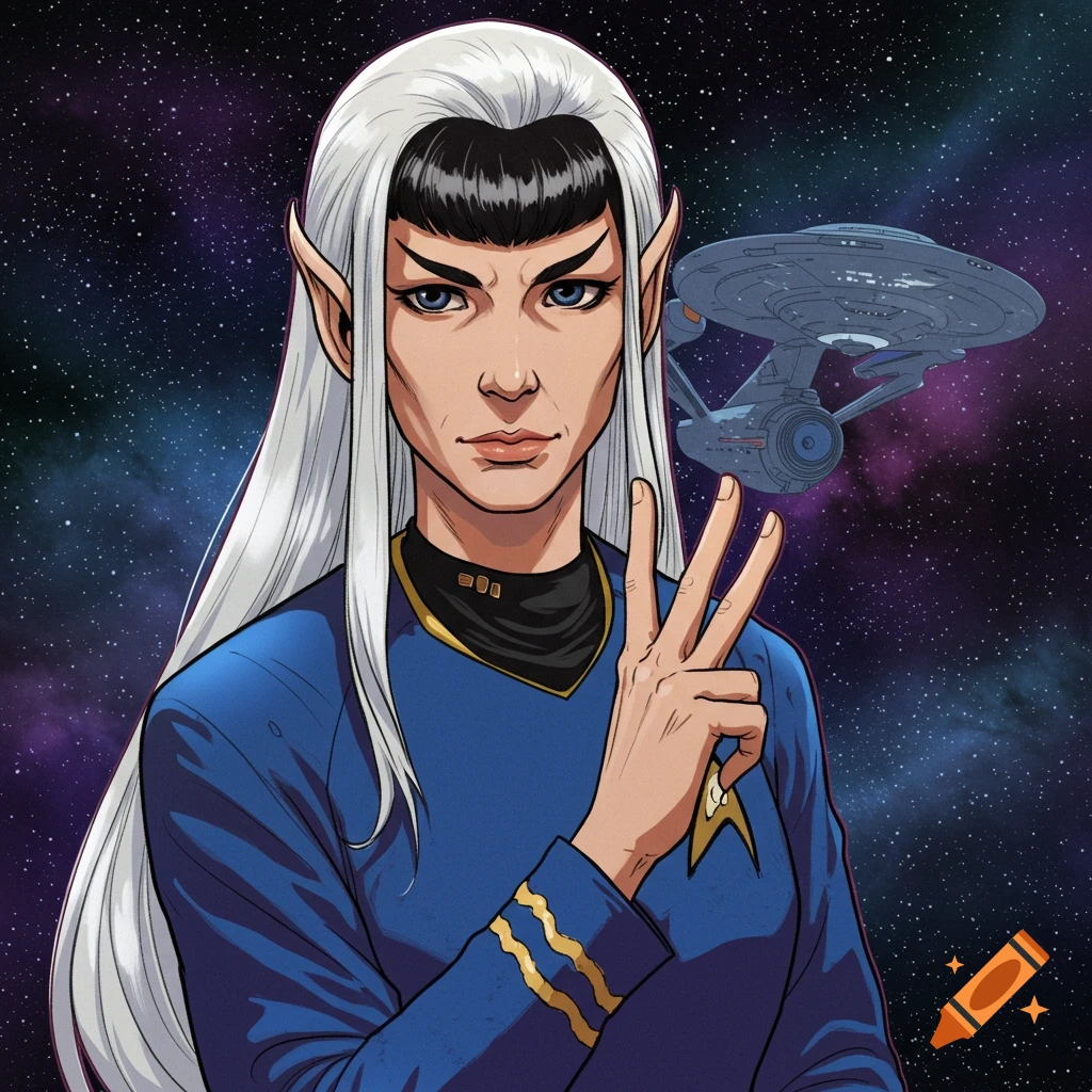 Illustration of a character with pointy ears in a blue Star Trek uniform doing the Vulcan salute, with a starship and space background.