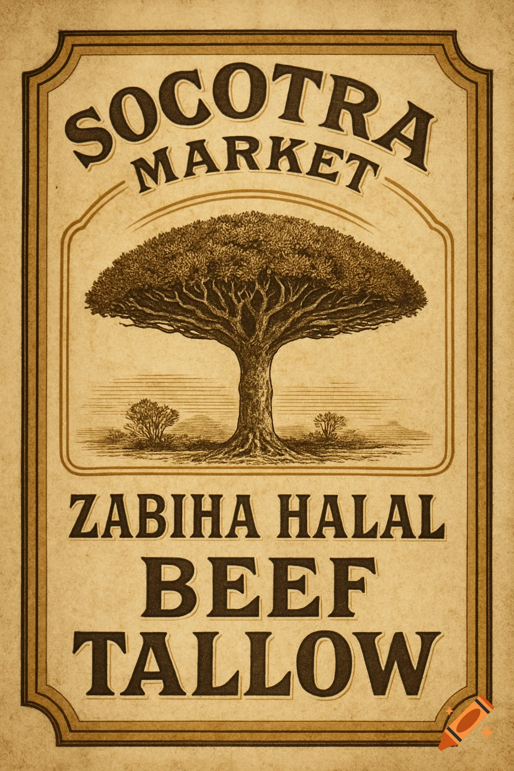 Vintage product label with a tree drawing and text for Socotra Market Beef Tallow