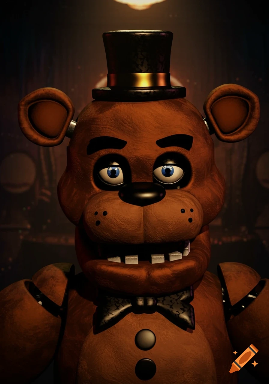 Close-up portrait of Freddy Fazbear from Five Nights at Freddy's wearing a top hat and bowtie.