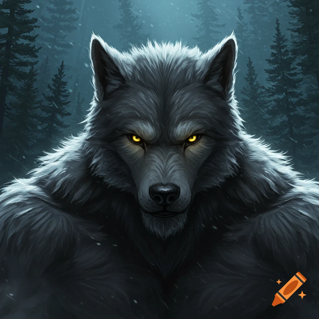 A close-up portrait of a silver-gray werewolf with glowing yellow eyes in a dark forest
