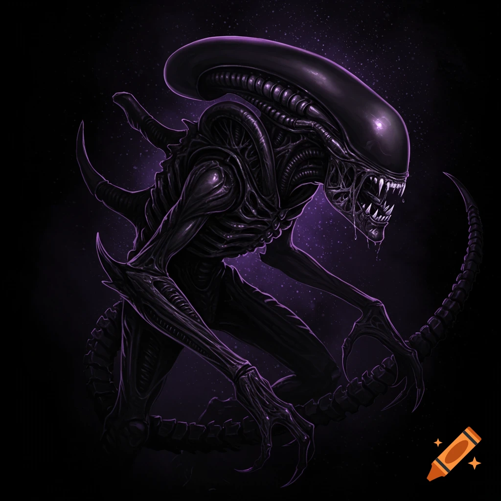Illustration of a black and purple Xenomorph alien on a dark background.