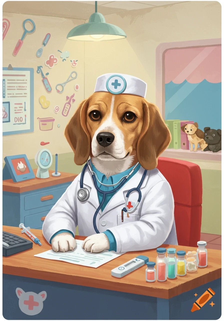 A beagle dog dressed as a doctor, wearing a white coat and stethoscope, sits at a desk in a veterinary clinic.