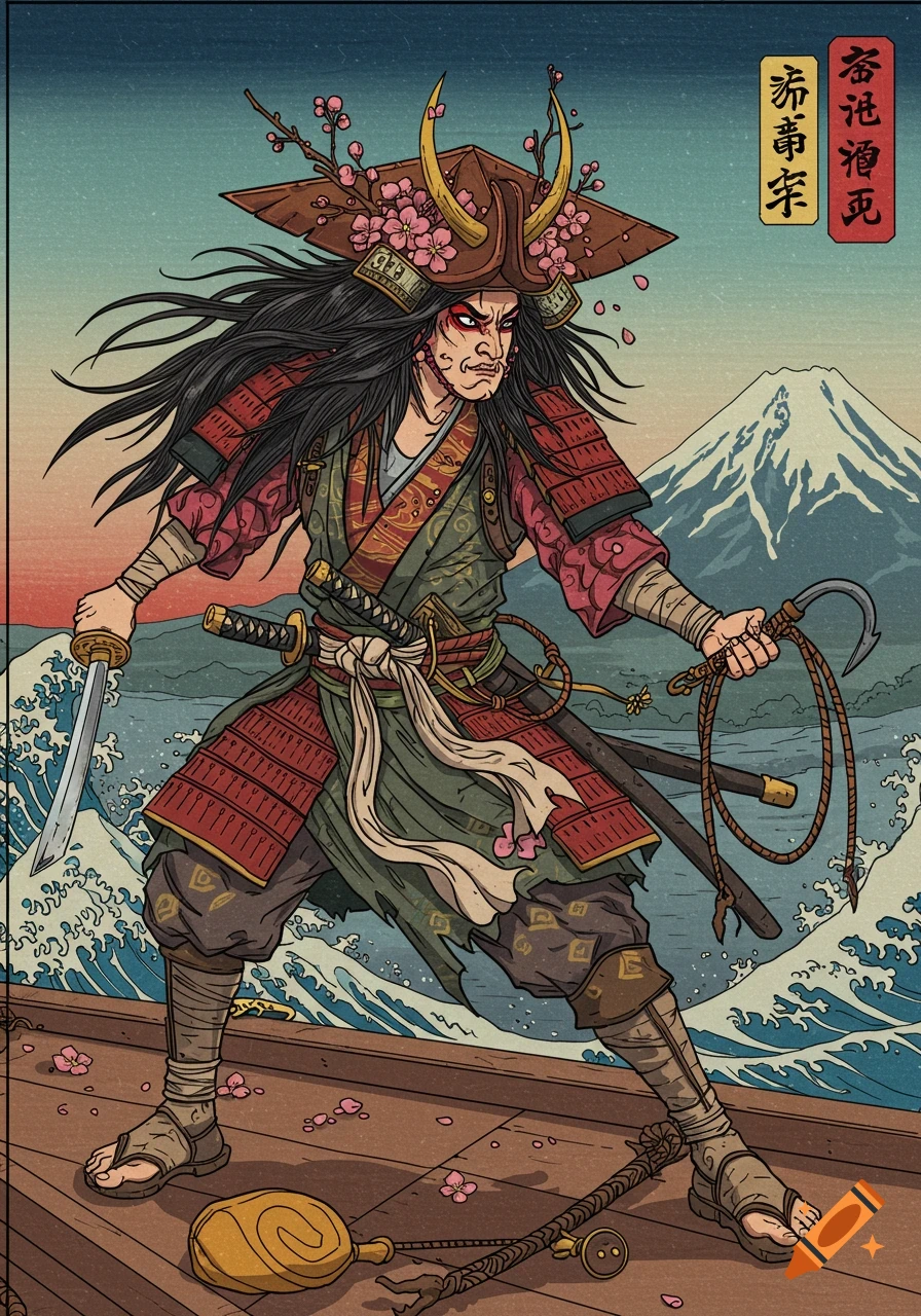 A fierce samurai-like warrior on a boat with waves and Mount Fuji in a Japanese ukiyo-e style illustration.