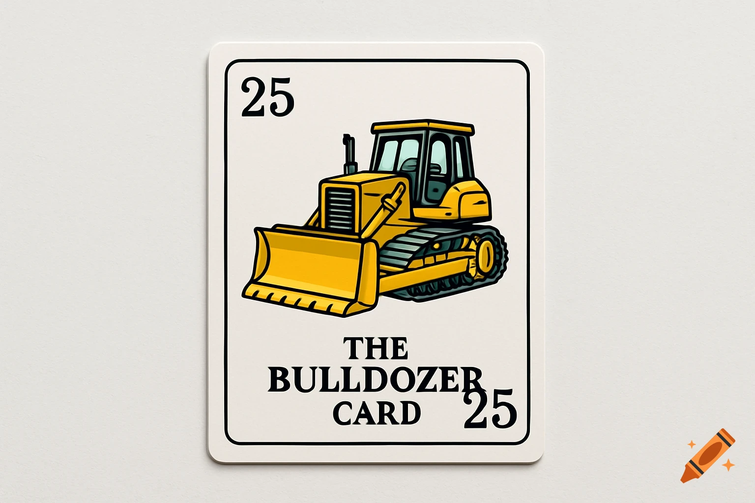 Illustration of a yellow bulldozer on a card with the number 25 and text 'The bulldozer card'.