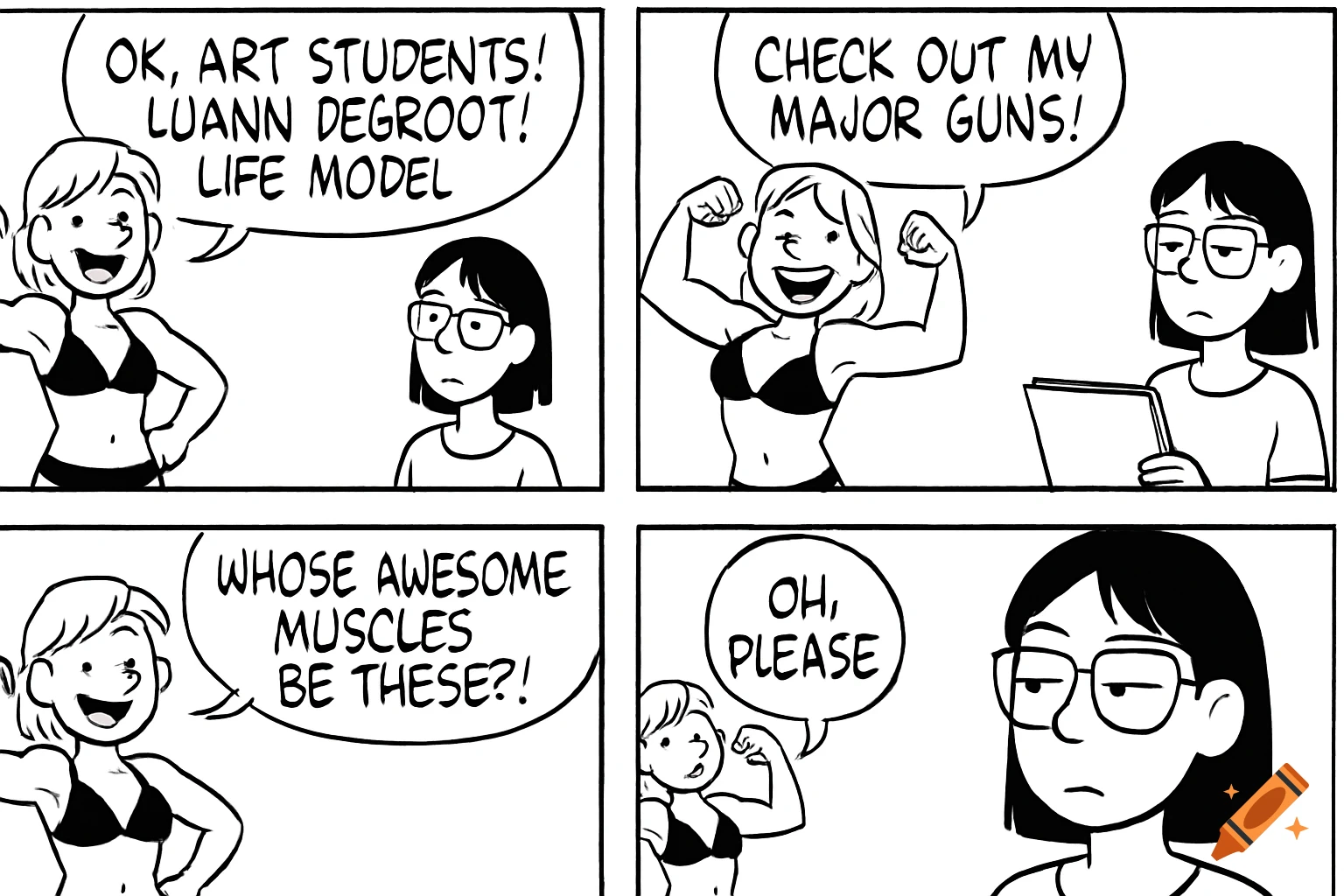 Black and white comic strip shows a woman in a bikini flexing muscles for another unimpressed woman.