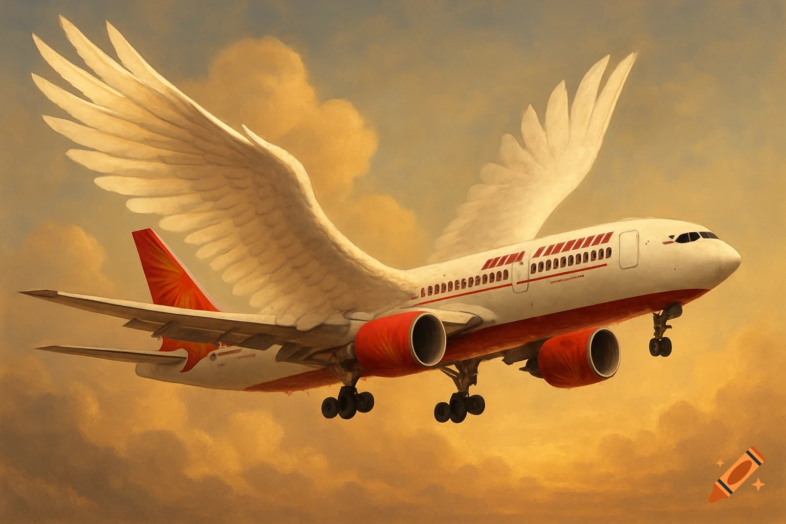 An airplane with large white wings flies through a cloudy orange sky.