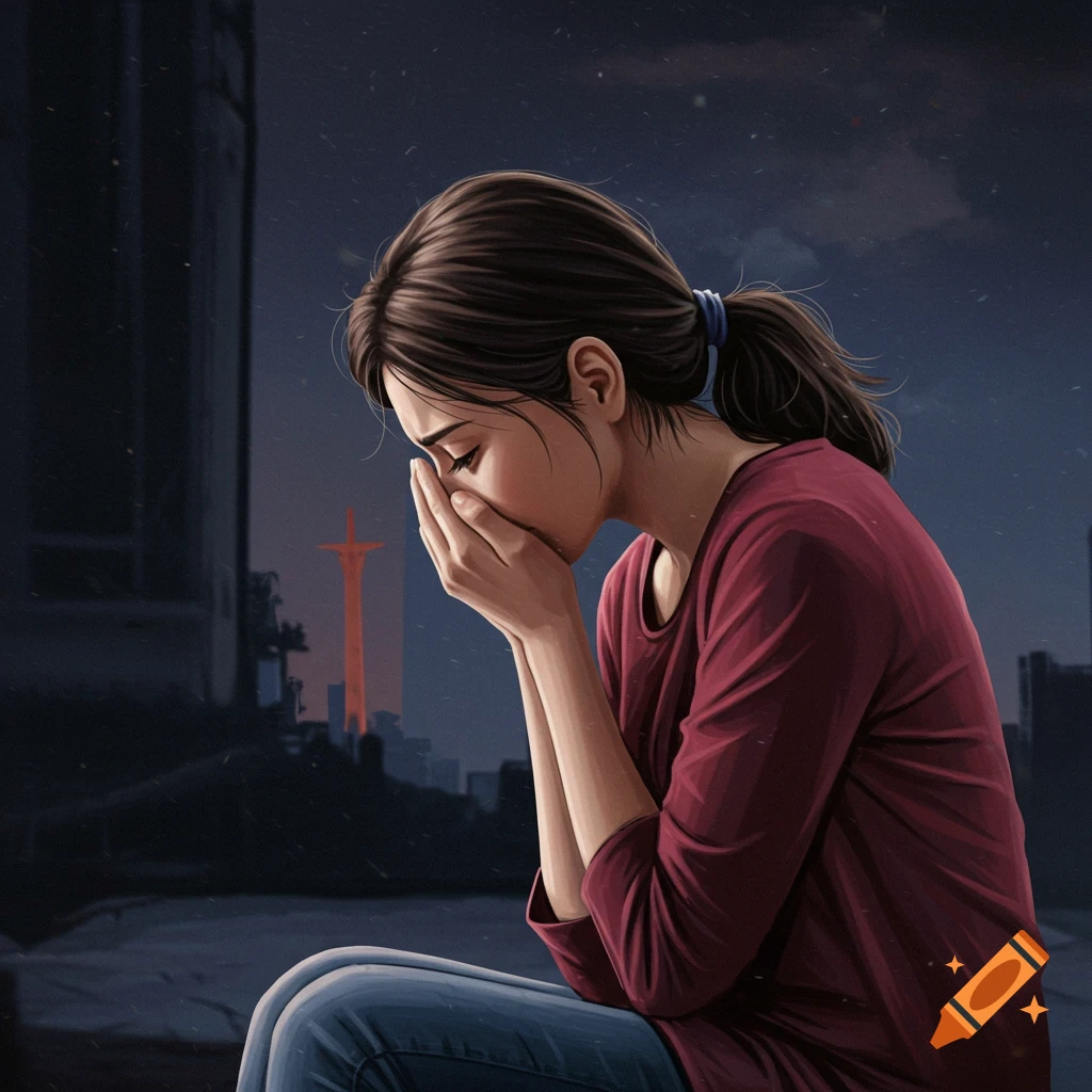 Digital art of a young woman sitting, covering her face in sadness with a dark city background.