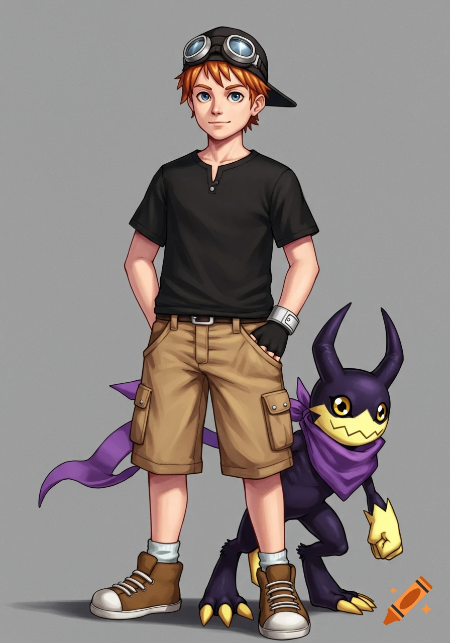Anime illustration of a young man in casual clothes standing next to a purple monster with horns and a scarf.
