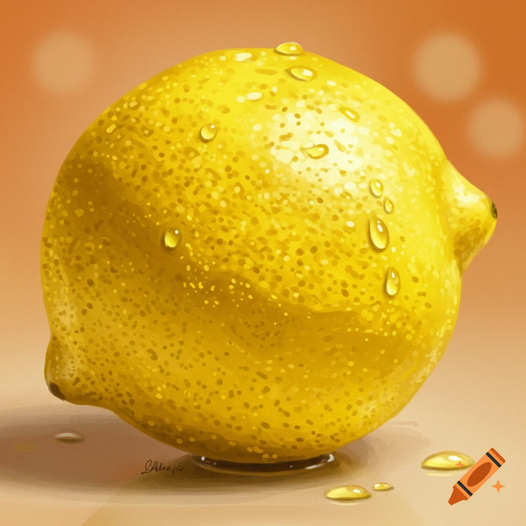 A stylized digital painting of a lemon covered in water droplets.