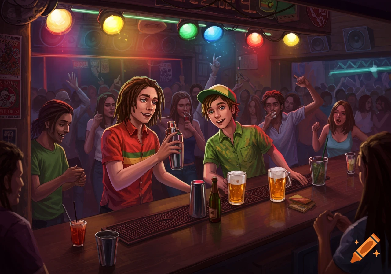 Illustration of two young men behind a bar in a crowded, brightly lit club.