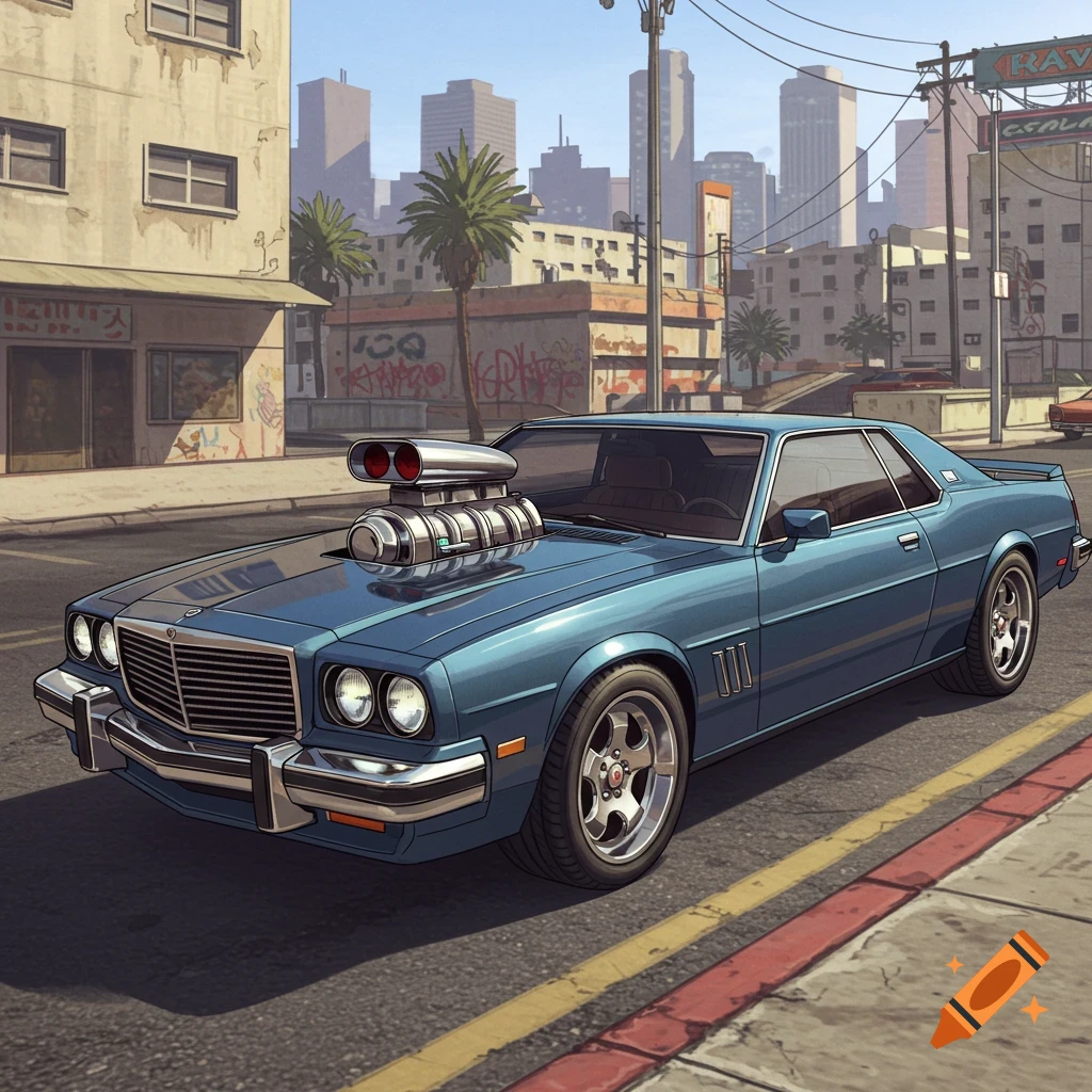 A blue vintage car with a large supercharger on a city street, in a stylized video game art style.