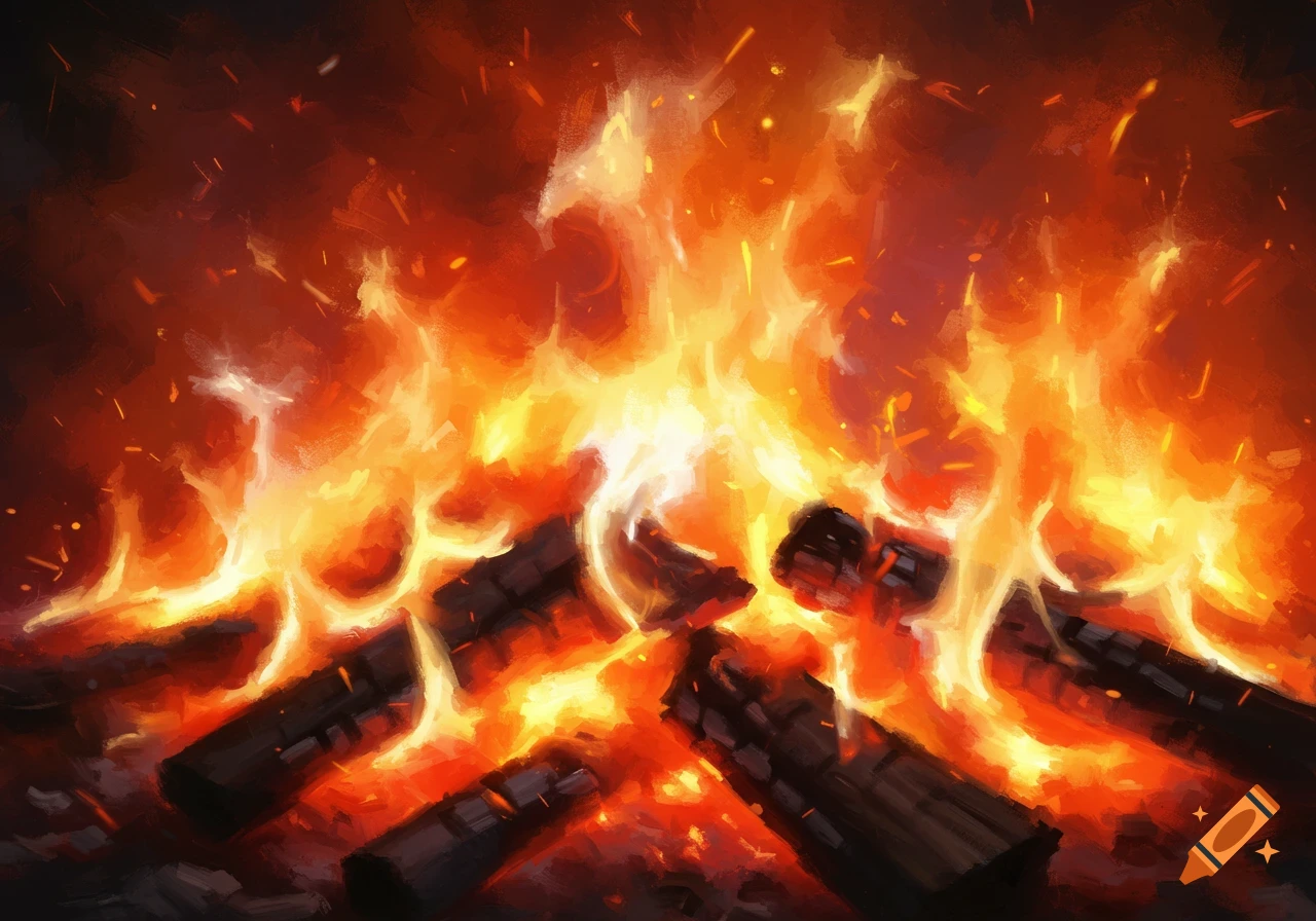 Close-up view of a campfire with orange and yellow flames over burning logs, painterly style.