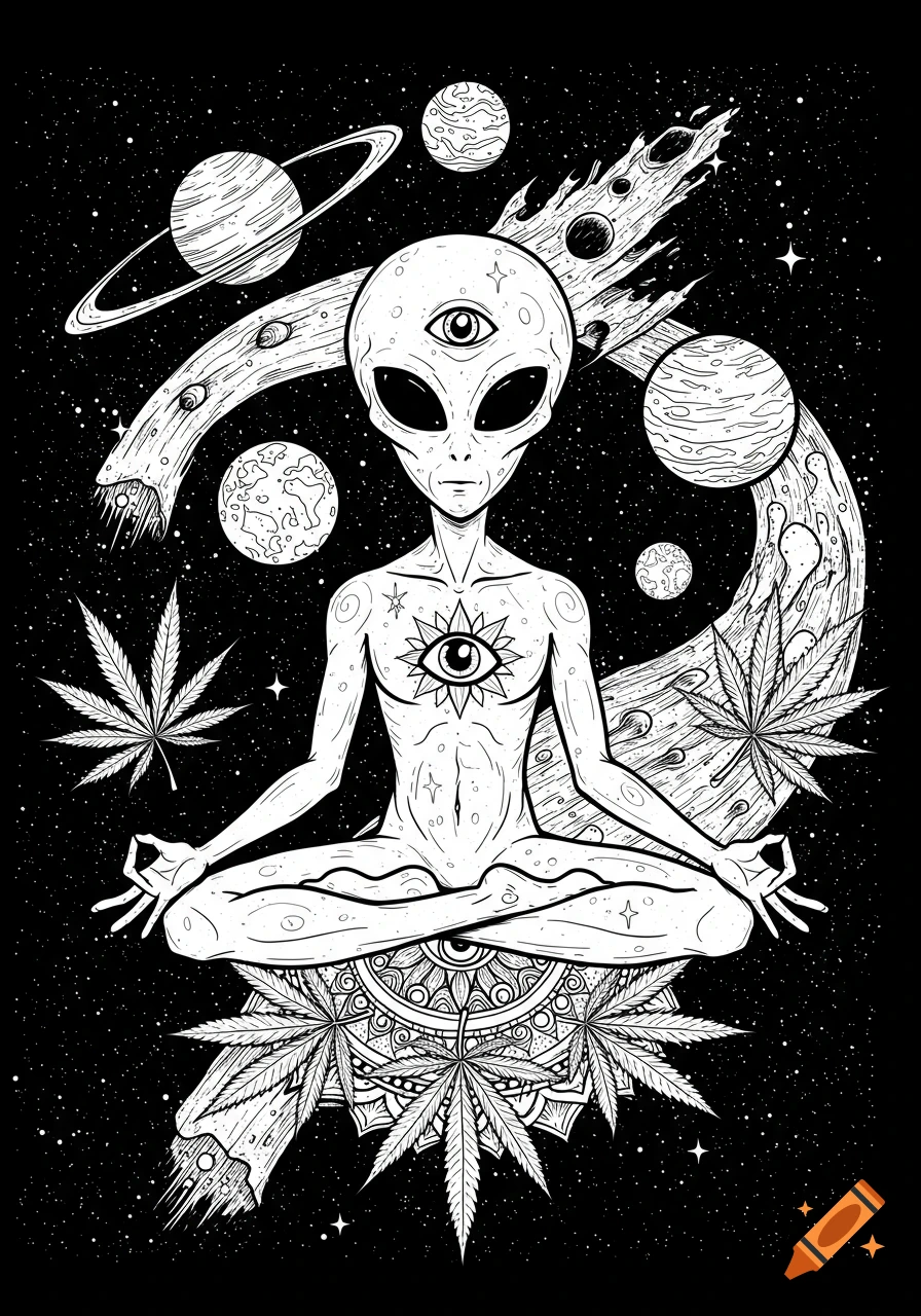 Black and white line drawing of a meditating alien in space surrounded by planets and cannabis leaves