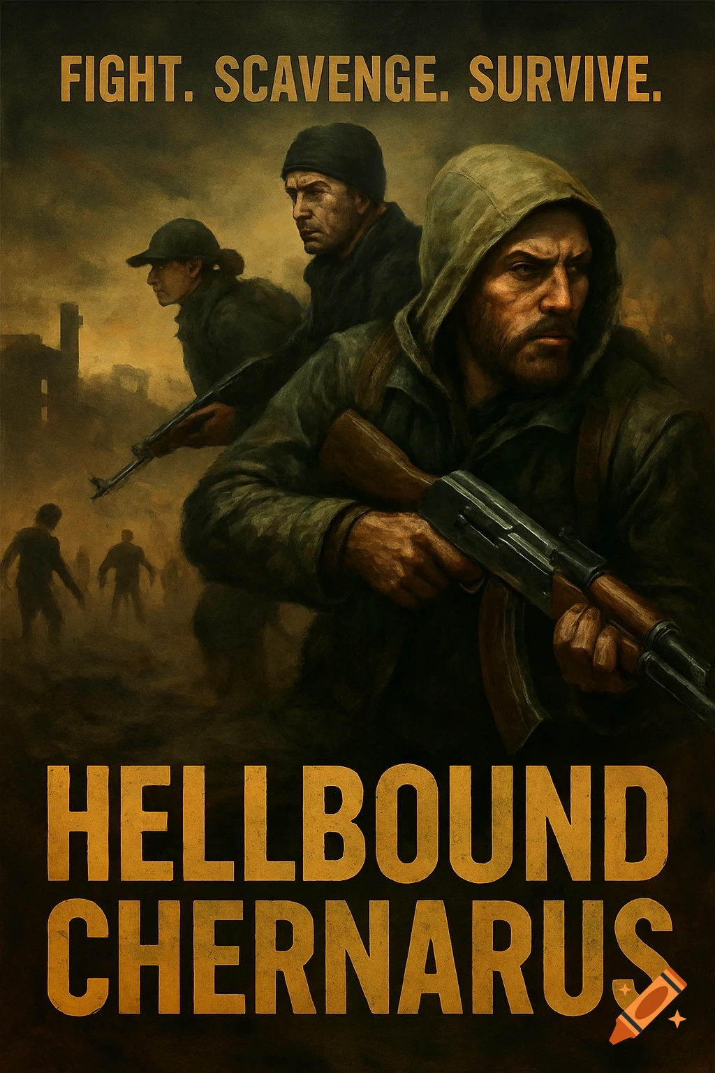 A dusty painted illustration of three figures with rifles in a ruined landscape, with text overlay.