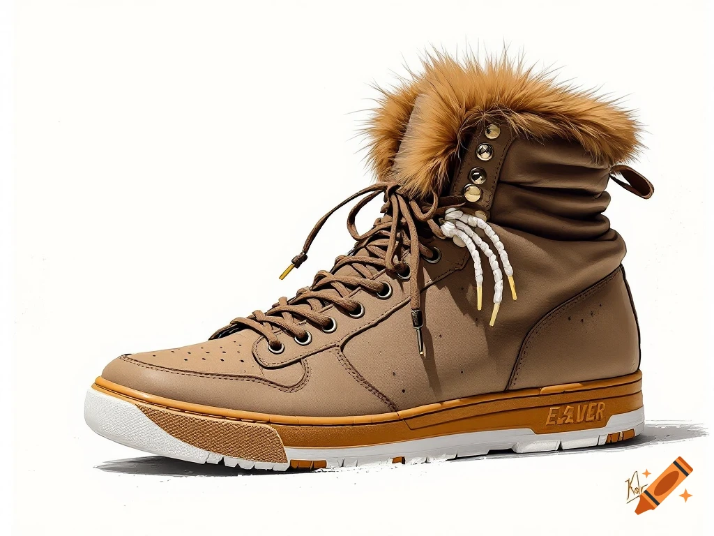 A detailed image of a brown high-top sneaker boot with fur trim and thick sole.