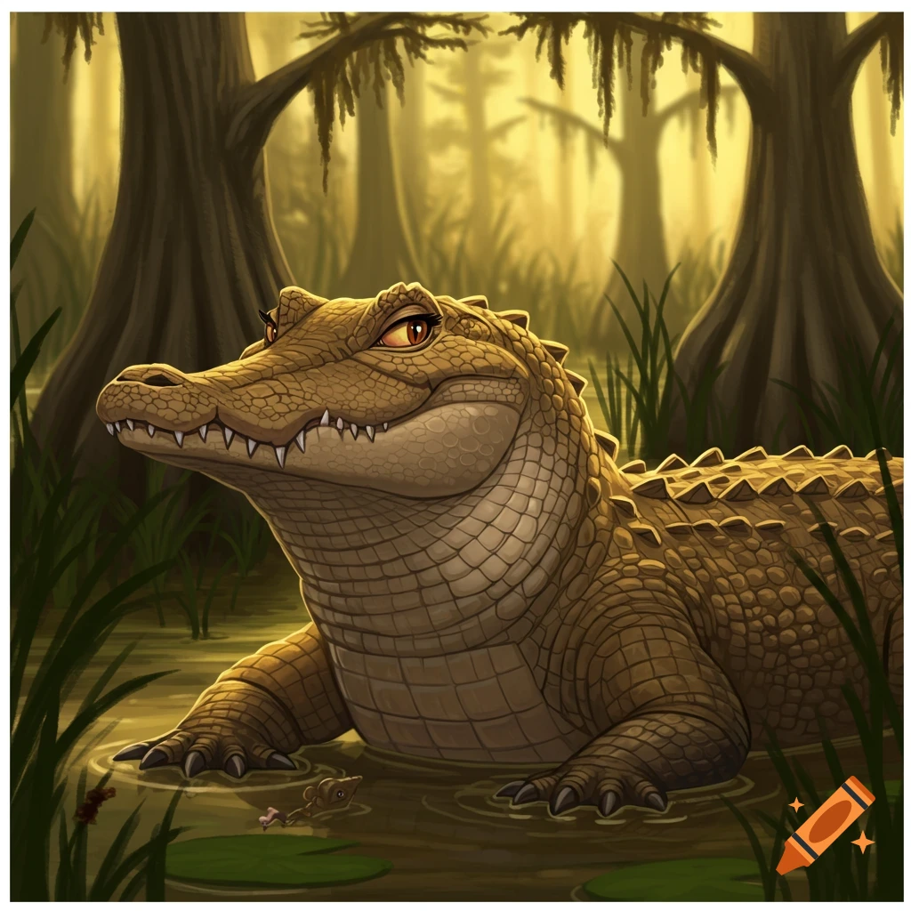 Stylized illustration of a large alligator in a swamp