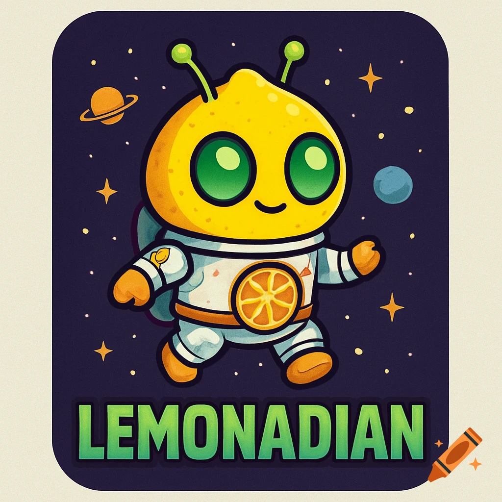A cute cartoon lemon-shaped alien in a space suit floats in space with stars and planets, above the text LEMONADIAN.