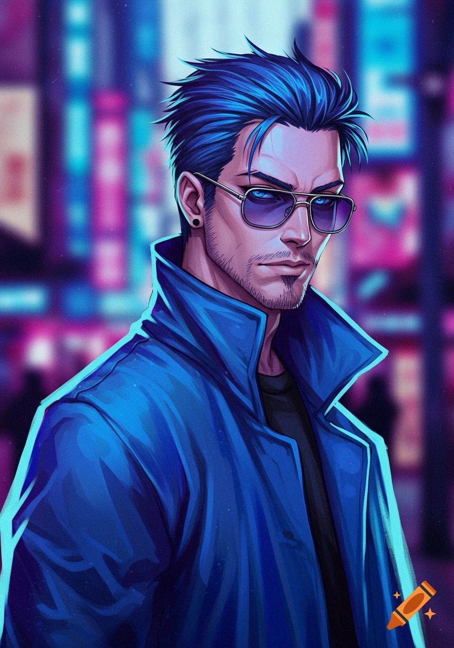 Anime portrait of a blue-haired man wearing sunglasses and a blue coat against a blurred city lights background.