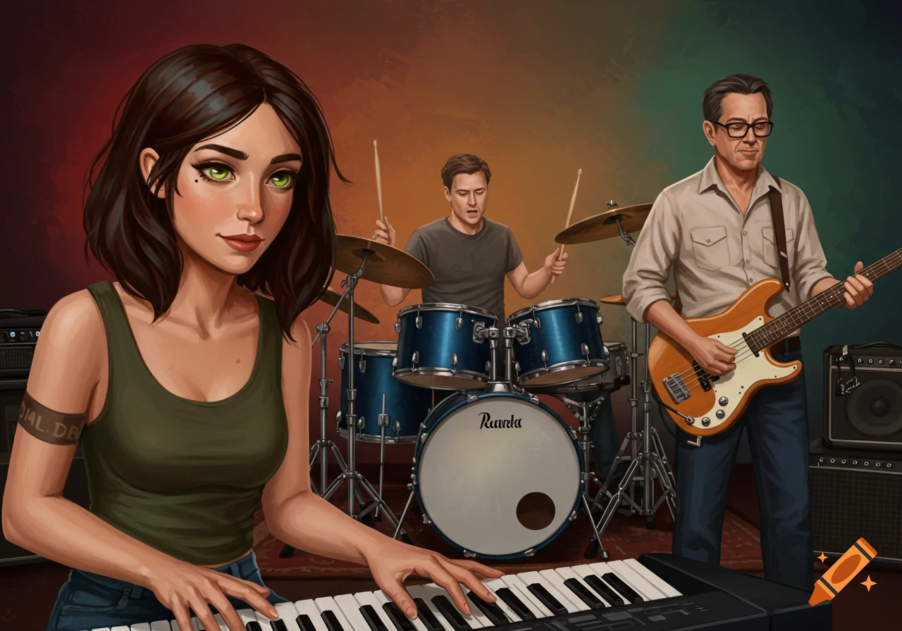 An illustrated image of a band playing music, with a woman on keyboard, a man on drums, and a man on bass guitar.