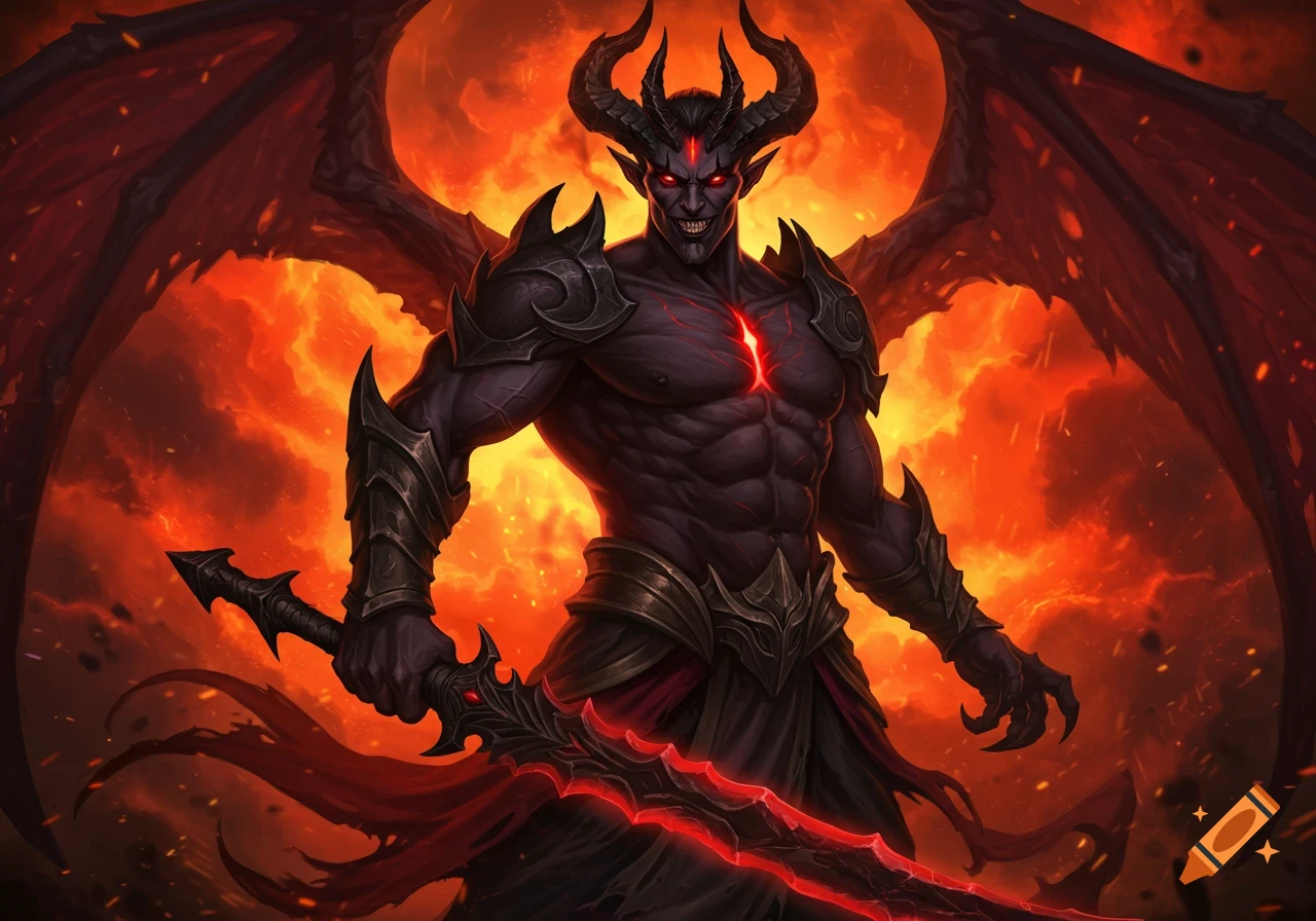 Demon with horns, glowing eyes, and wings holding a sword against a fiery background.