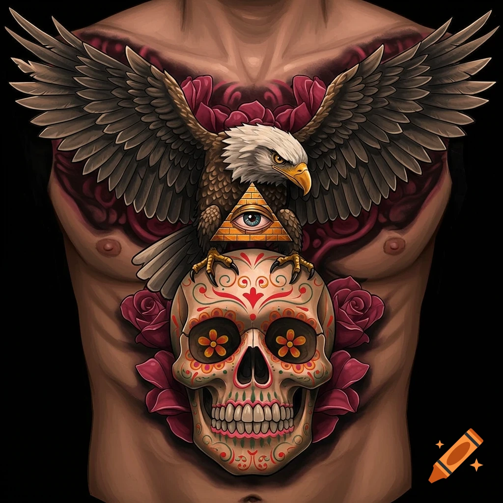 Chest tattoo of an eagle perched on a sugar skull with a pyramid eye, surrounded by roses.