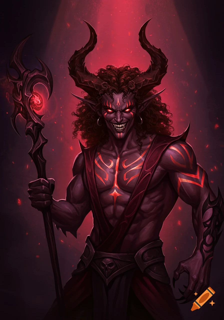Fantasy illustration of a demon with horns, glowing eyes and markings, holding a staff.