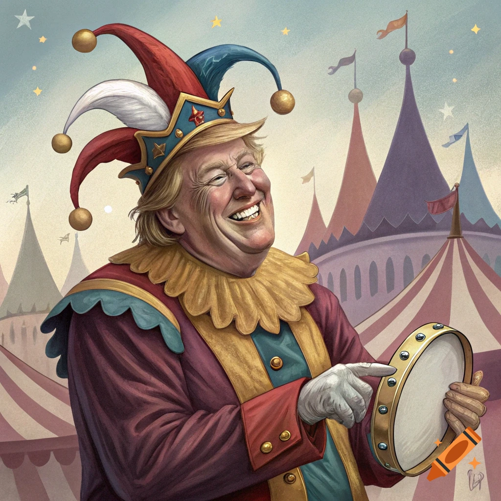 Caricature of Donald Trump as a jester in a colorful circus setting holding a tambourine.