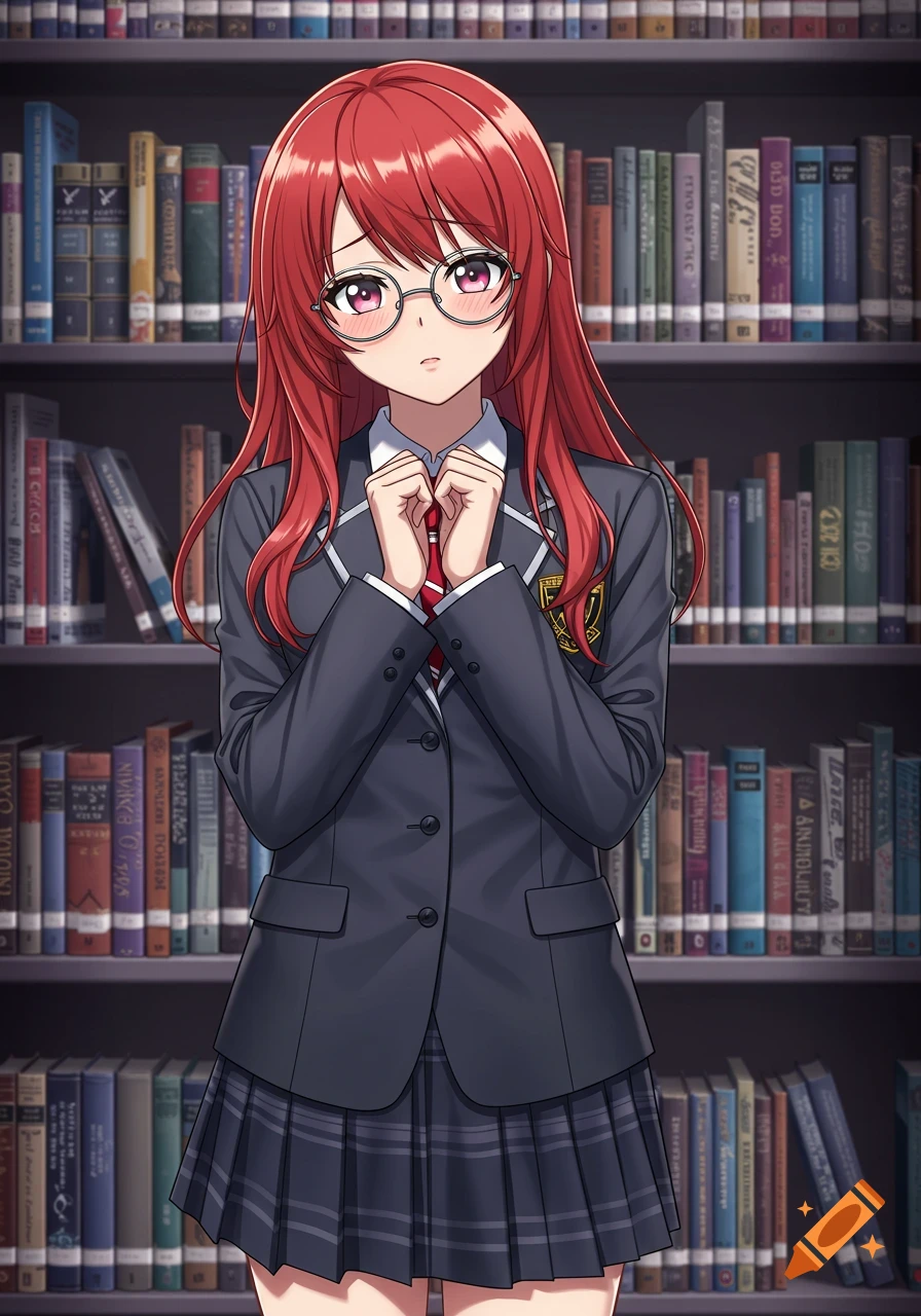 An anime girl with red hair and glasses, wearing a school uniform, clasps her hands shyly in a library.