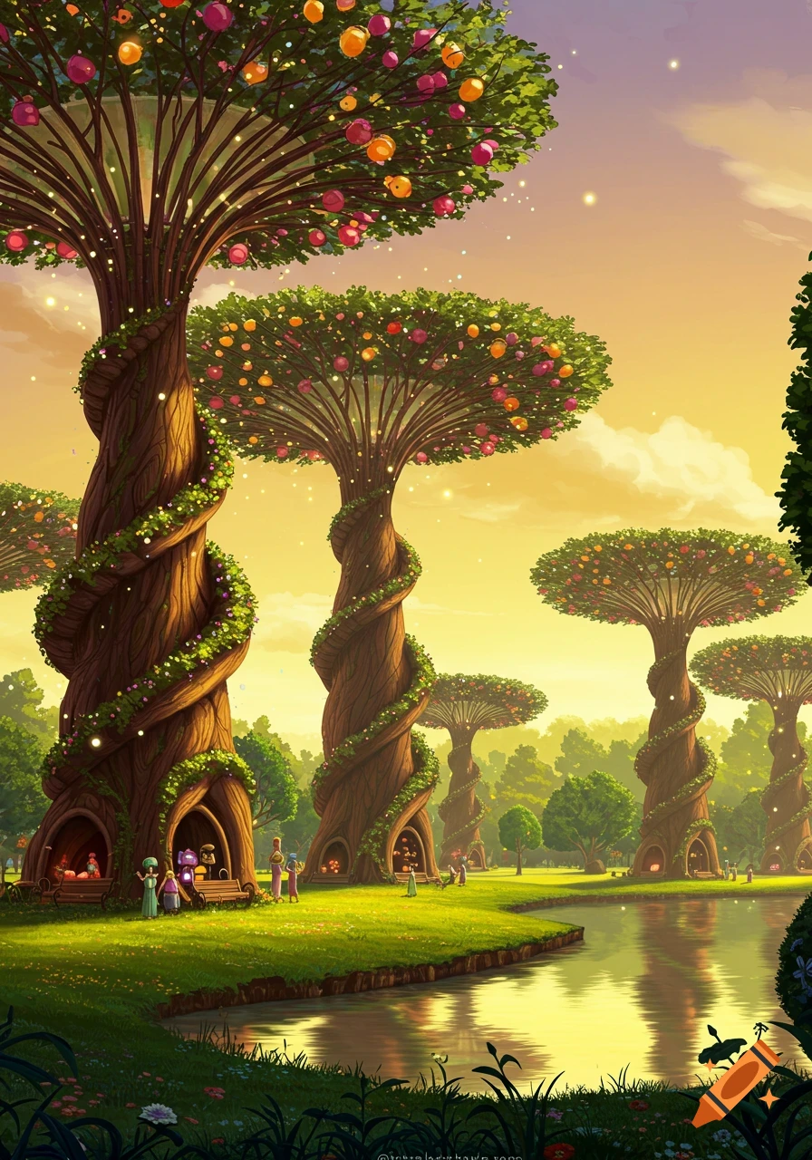 Fantasy landscape with large twisted fruit trees acting as houses, a river, people, and a golden sky.
