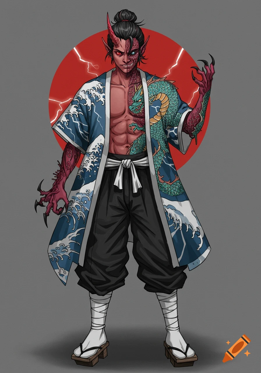 Illustration of a half-demon man in Japanese haori with wave and dragon design.