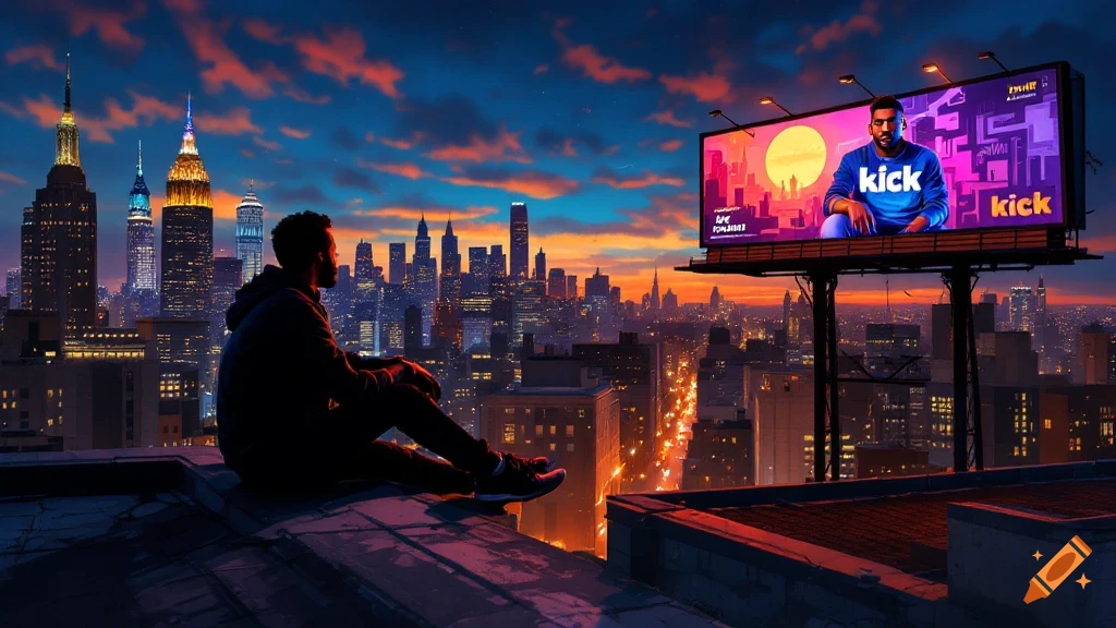 Man sits on a rooftop overlooking a city skyline at sunset, with a billboard displaying 'kick'.