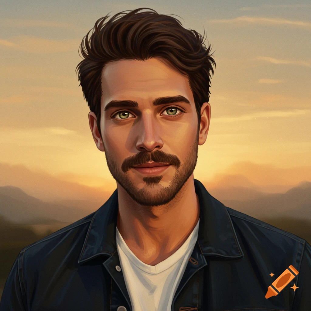 Digital painting portrait of a man with beard and mustache against a sunset landscape.