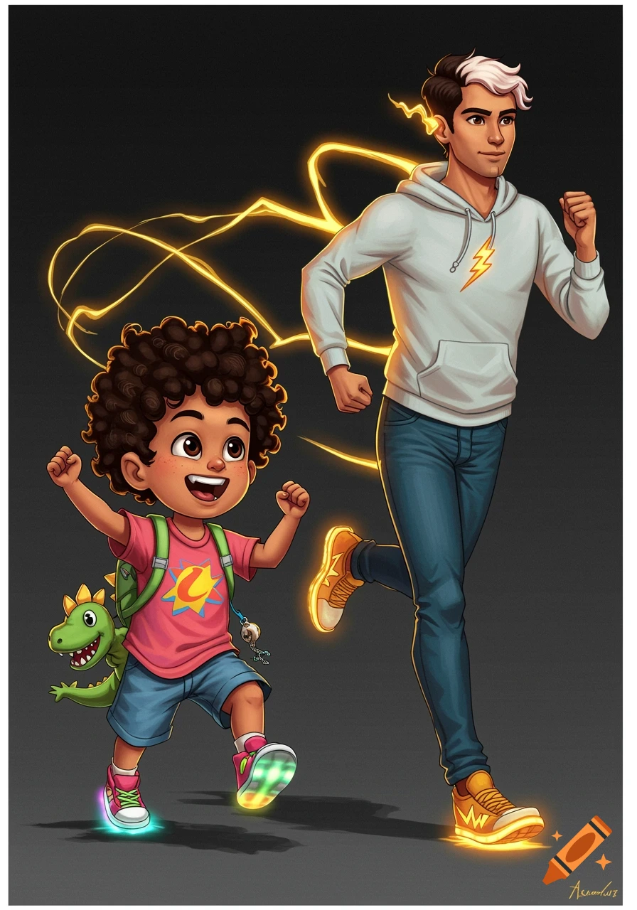 An illustration of a father and son running with glowing shoes and lightning trails.