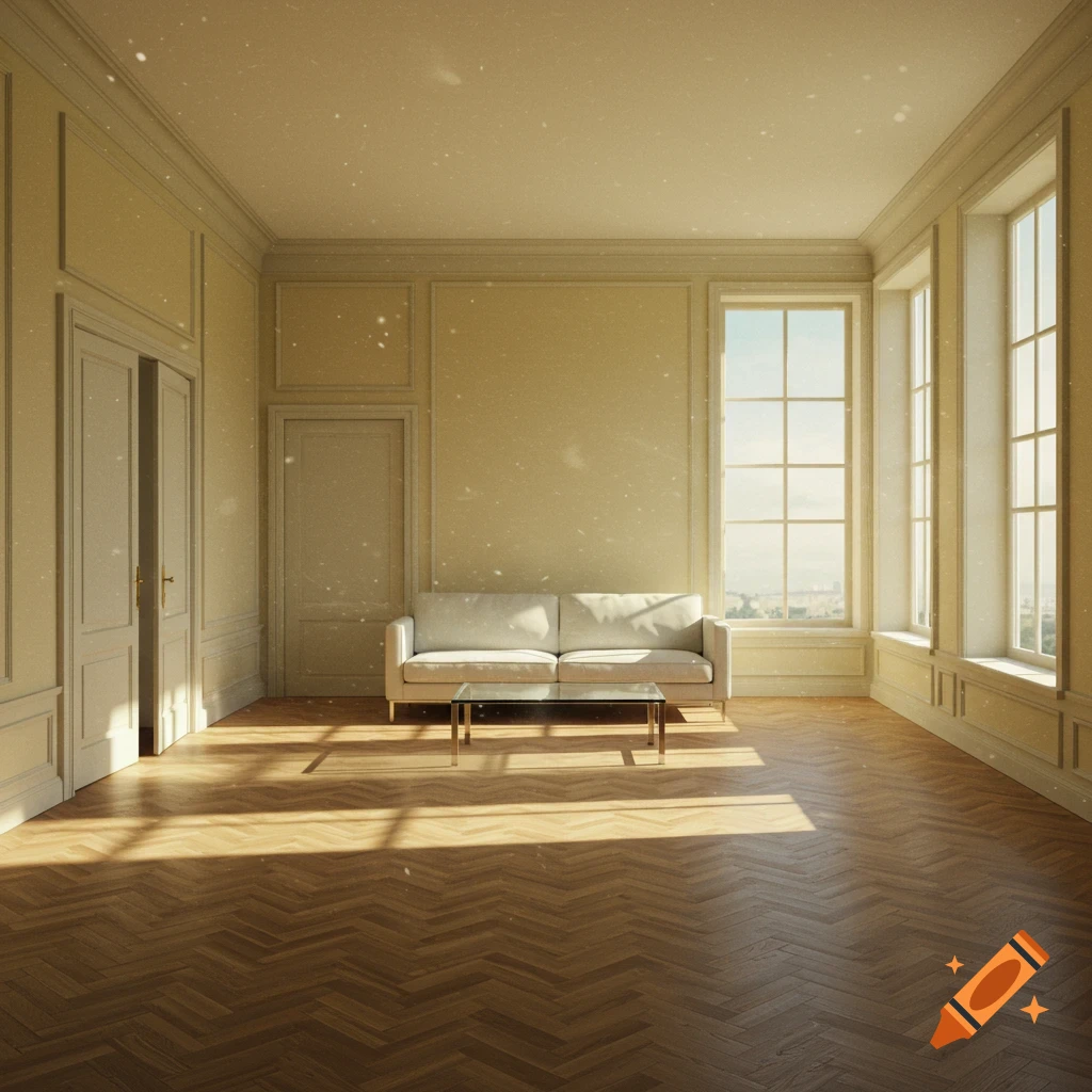 A bright, empty room with large windows, a white couch, glass coffee table, and herringbone wood floor.