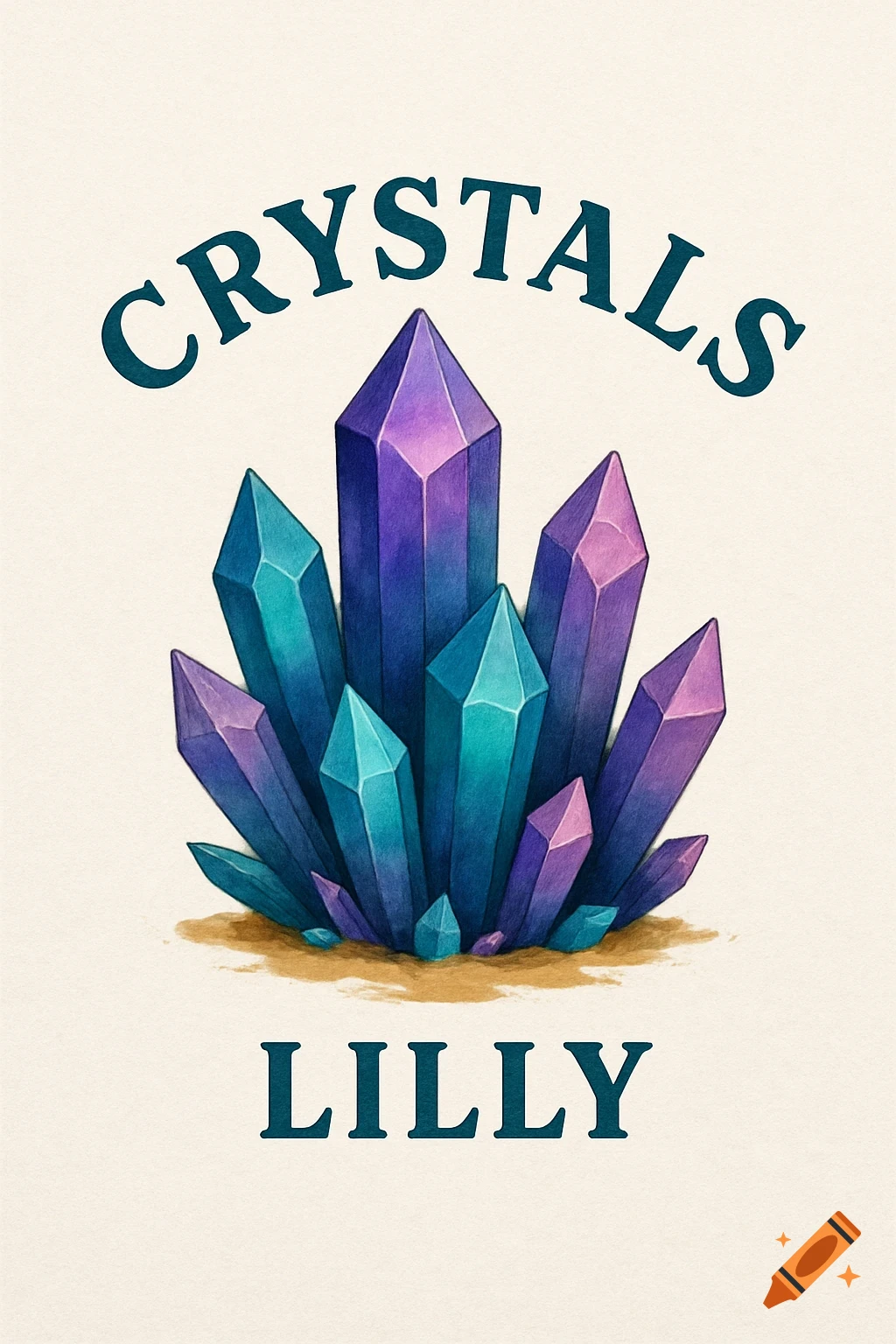 Illustration of purple and blue crystals with the text CRYSTALS above and LILLY below.