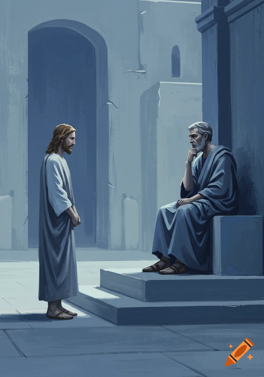 Jesus stands before a seated man in a minimalist, painterly style.